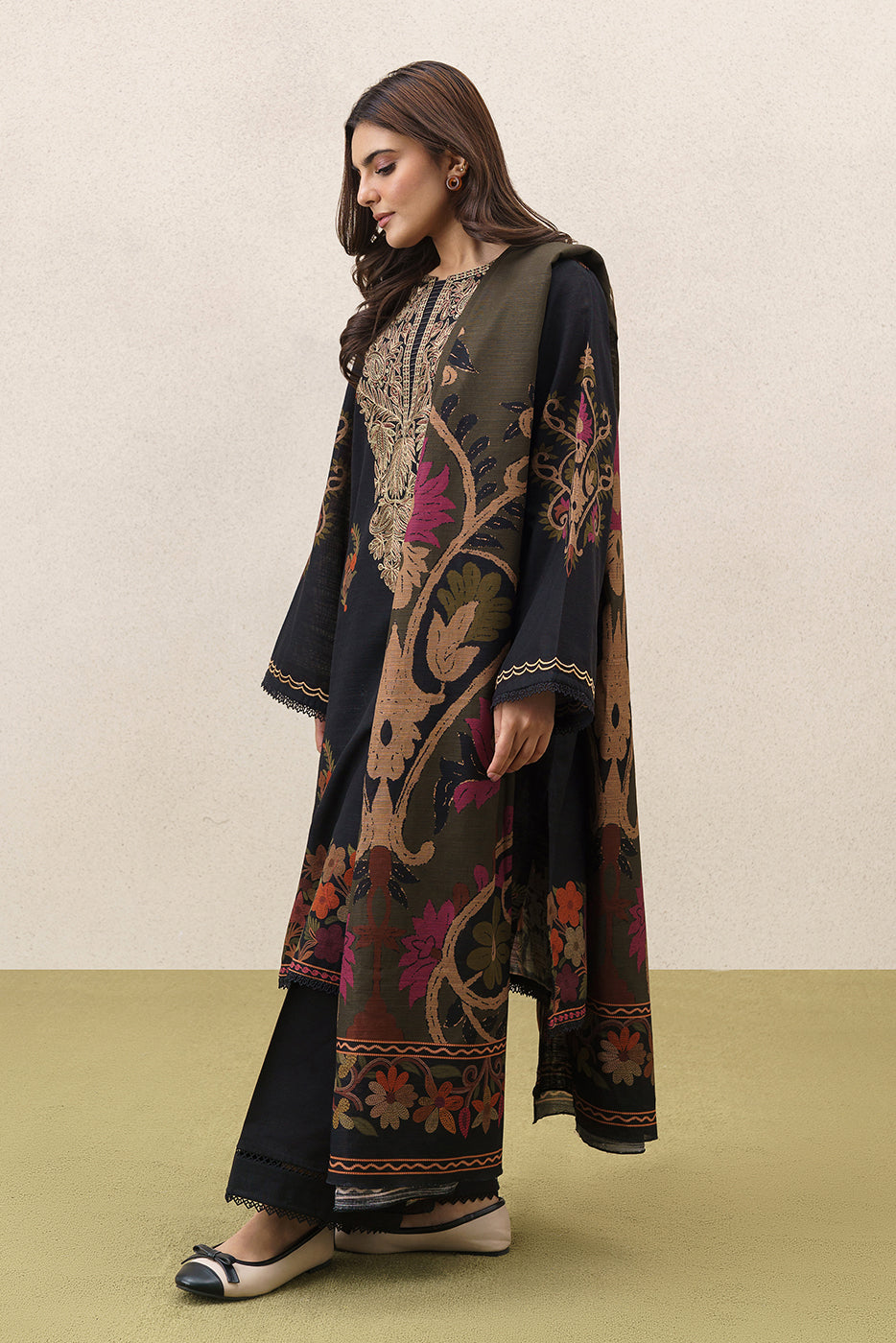 3 PIECE EMBROIDERED SLUB KHADDAR SUIT-BOHO NOCTURNE (UNSTITCHED)