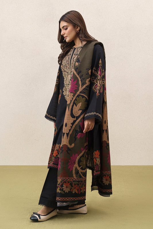 3 PIECE EMBROIDERED SLUB KHADDAR SUIT-BOHO NOCTURNE (UNSTITCHED)