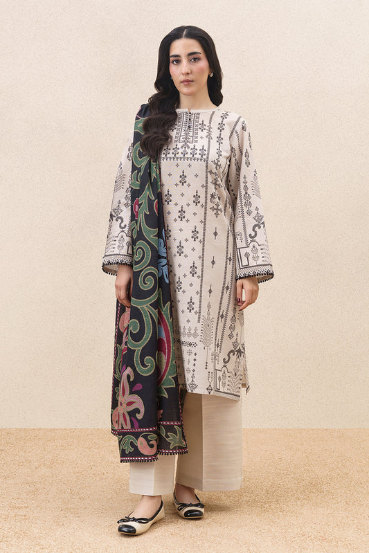 3 PIECE PRINTED SLUB KHADDAR SUIT-WHISPERING FLORALS ( UNSTITCHED )