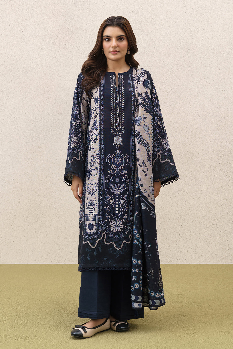 3 PIECE PRINTEDED SLUB KHADDAR SUIT-MYSTIC BLUE (UNSTITCHED)
