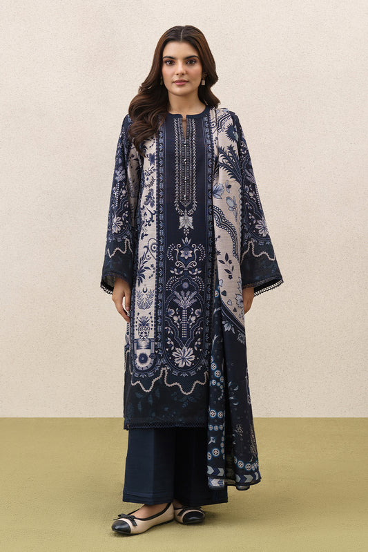 3 PIECE PRINTEDED SLUB KHADDAR SUIT-MYSTIC BLUE (UNSTITCHED)