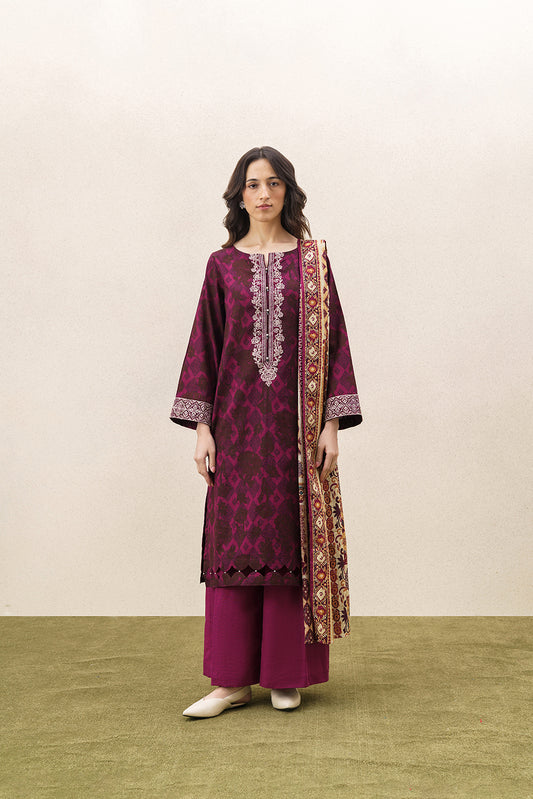 3 PIECE EMBROIDERED KHADDAR SUIT-RAZE MAUVE (UNSTITCHED)