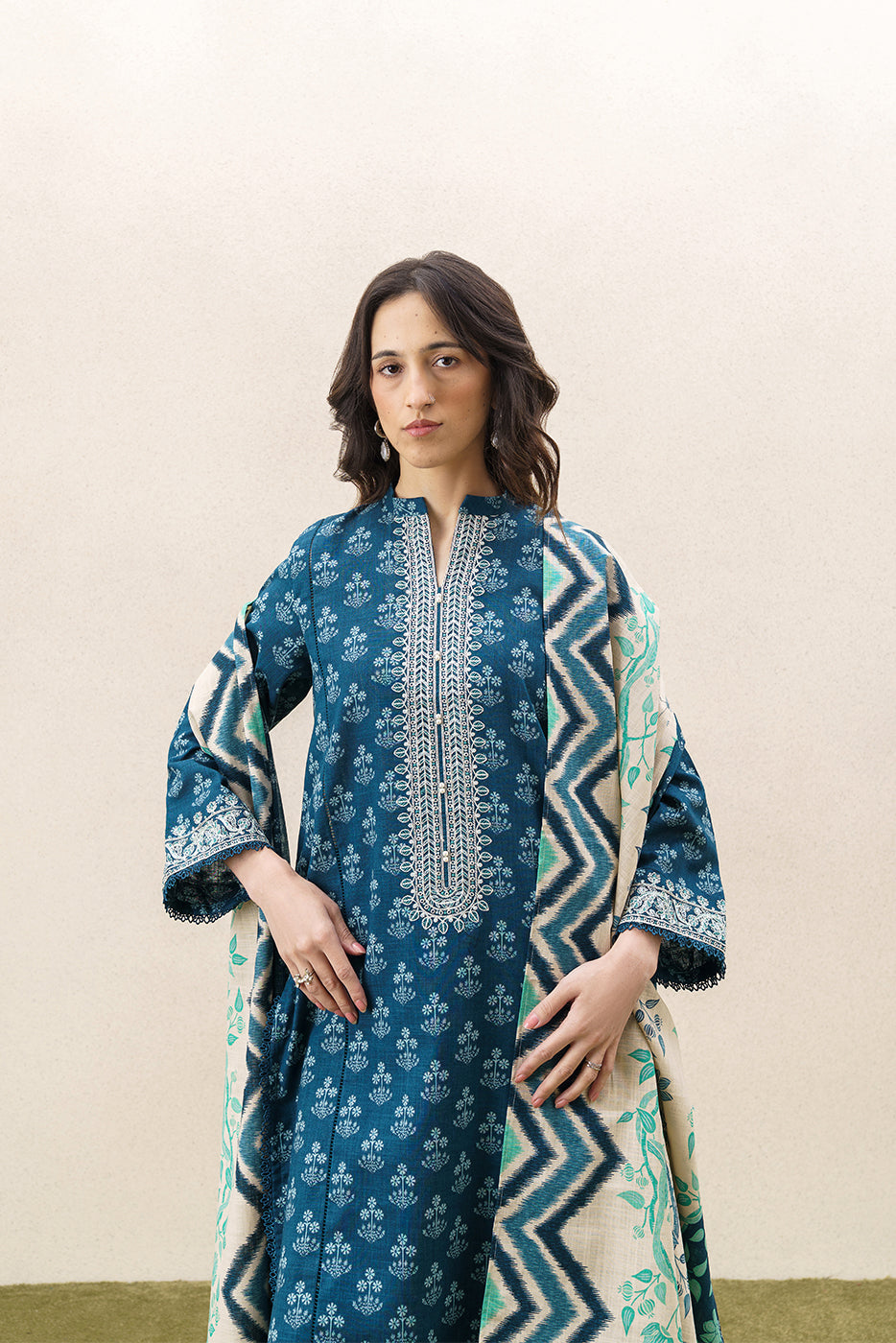 3 PIECE EMBROIDERED KHADDAR SUIT-CHIVRON BLUE (UNSTITCHED)