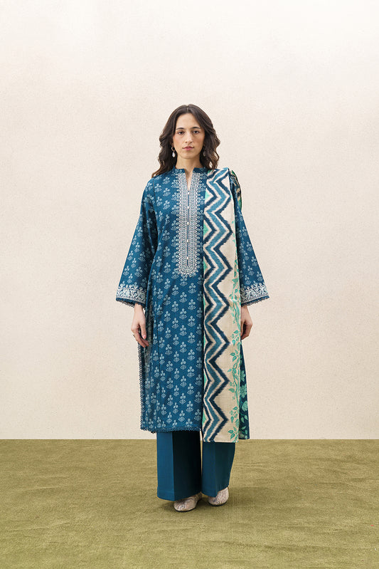 3 PIECE EMBROIDERED KHADDAR SUIT-CHIVRON BLUE (UNSTITCHED)