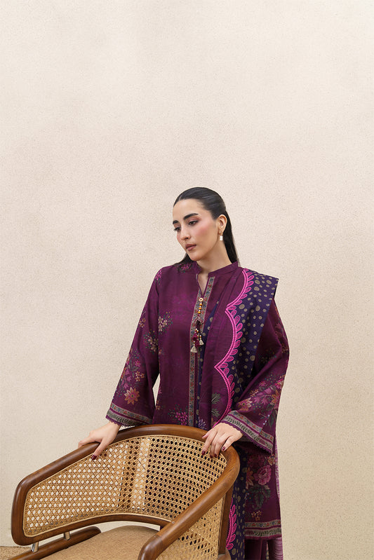 3 PIECE PRINTED SLUB KHADDAR SUIT-PLUM FLORET ( UNSTITCHED )