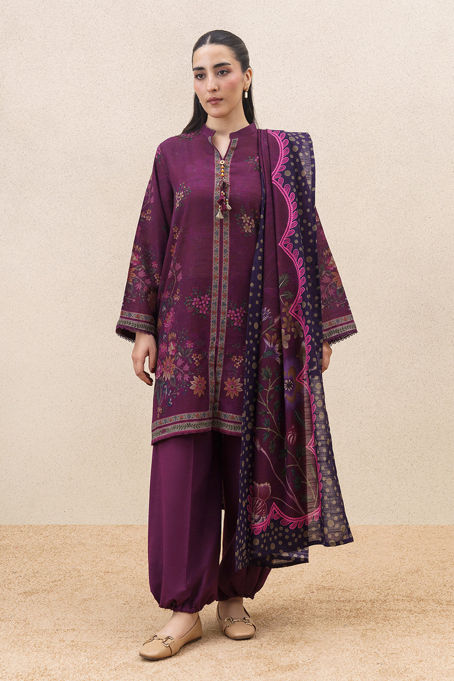 3 PIECE PRINTED SLUB KHADDAR SUIT-PLUM FLORET ( UNSTITCHED )