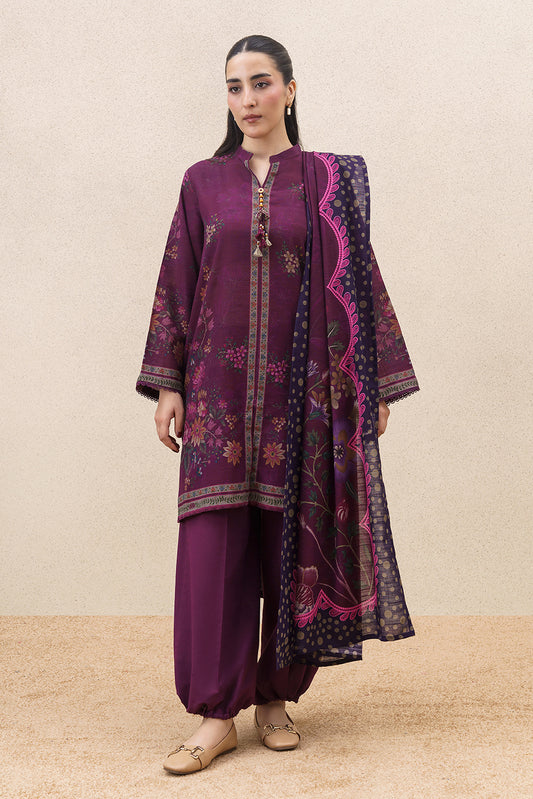 3 PIECE PRINTED SLUB KHADDAR SUIT-PLUM FLORET ( UNSTITCHED )