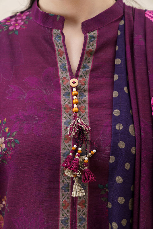 3 PIECE PRINTED SLUB KHADDAR SUIT-PLUM FLORET ( UNSTITCHED )