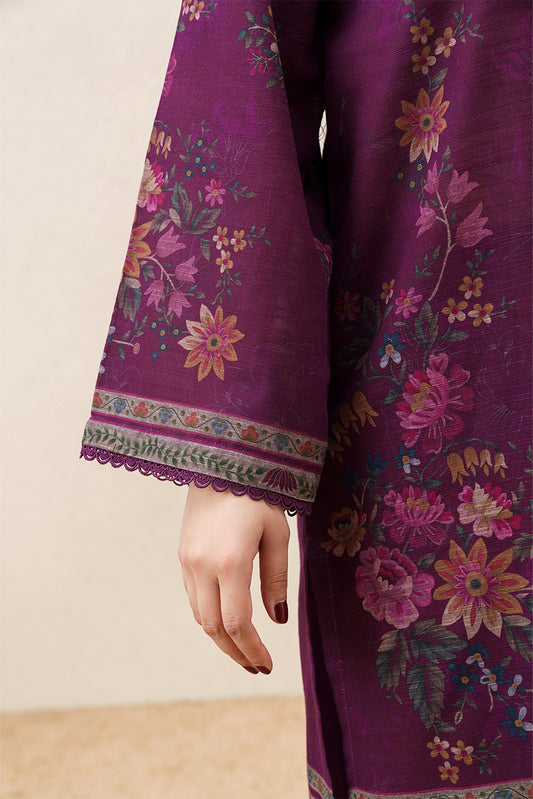 3 PIECE PRINTED SLUB KHADDAR SUIT-PLUM FLORET ( UNSTITCHED )