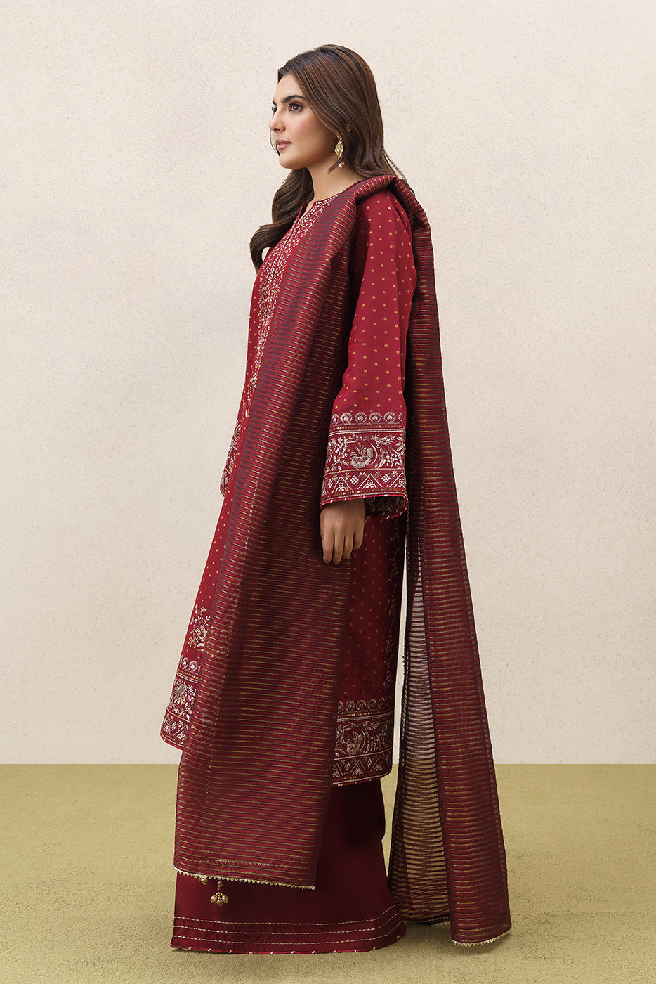 3 PIECE EMBROIDERED YARN DYED JACQUARD SUIT-SCARLET EMBER (UNSTITCHED)