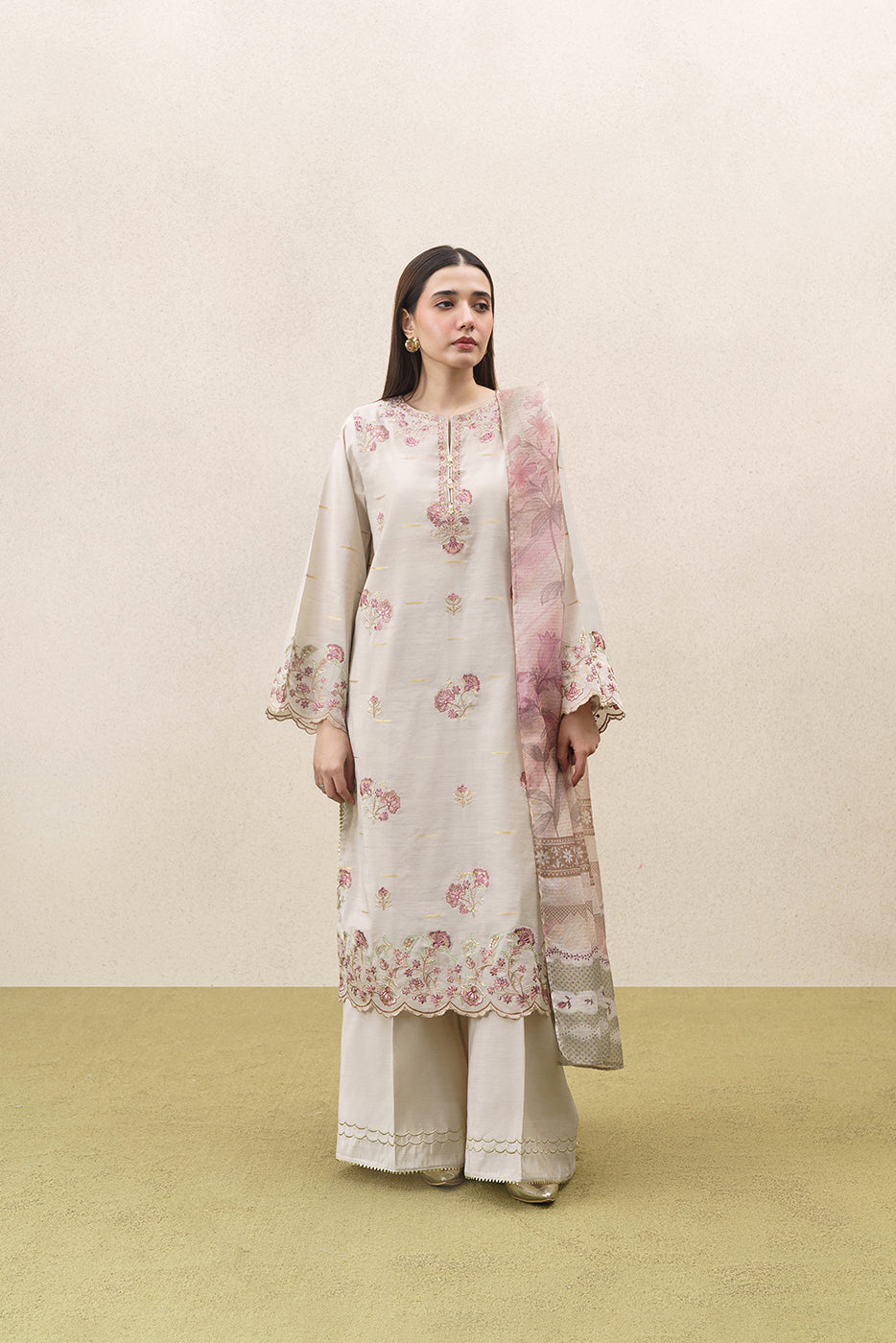 3 PIECE EMBROIDERED YARN DYED JACQUARD SUIT-SERENA GOLD (UNSTITCHED)