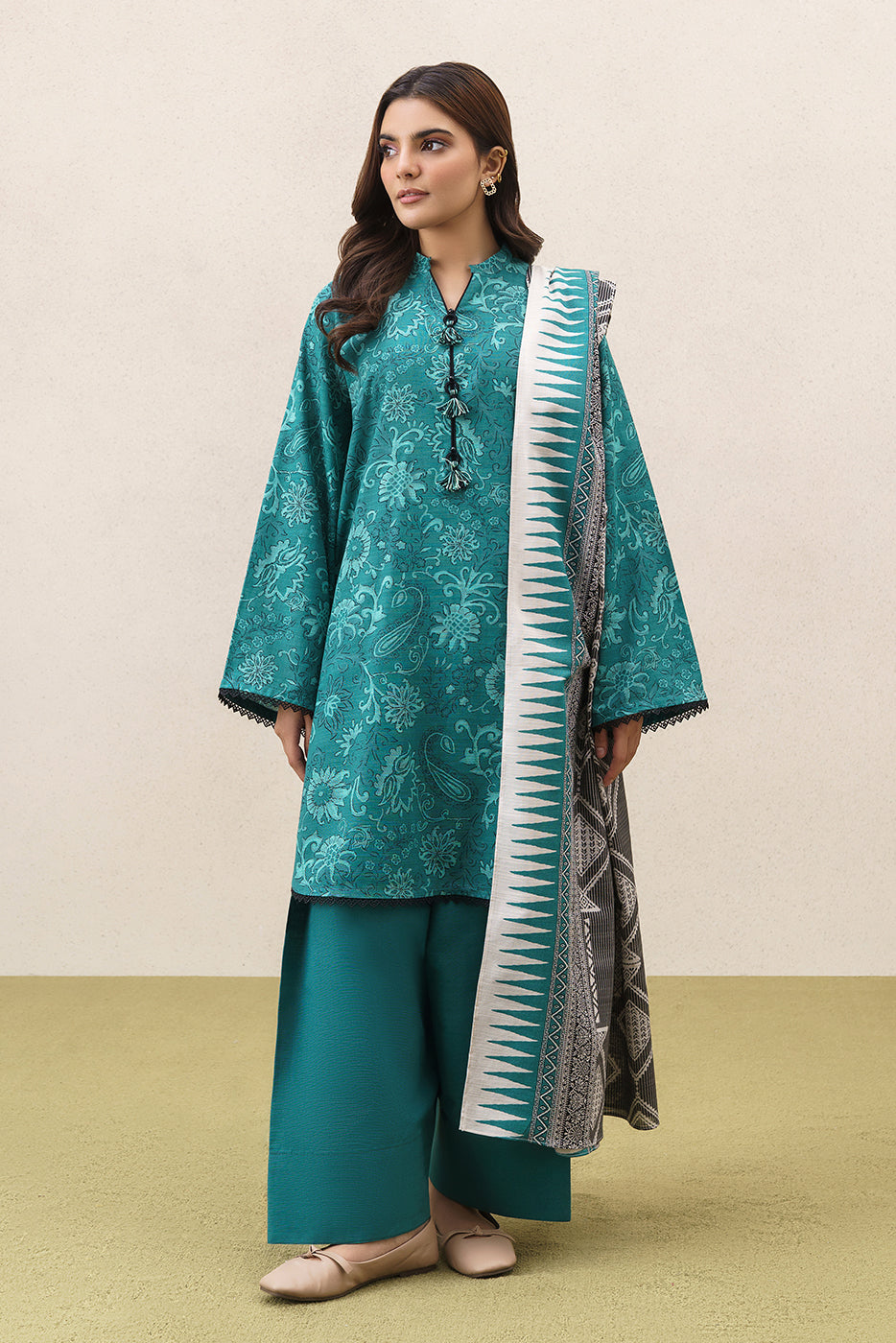 3 PIECE PRINTEDED SLUB KHADDAR SUIT-CELESTIAL TEAL (UNSTITCHED)