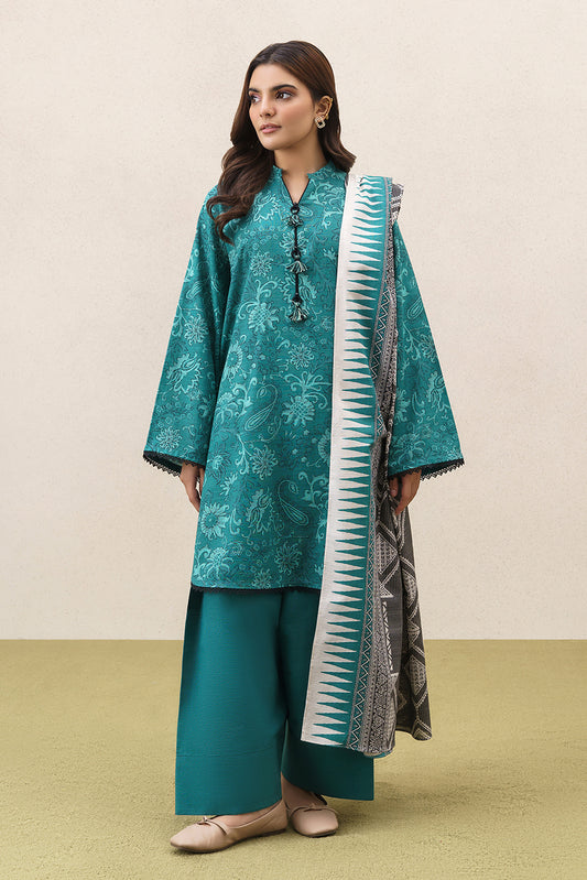 3 PIECE PRINTEDED SLUB KHADDAR SUIT-CELESTIAL TEAL (UNSTITCHED)
