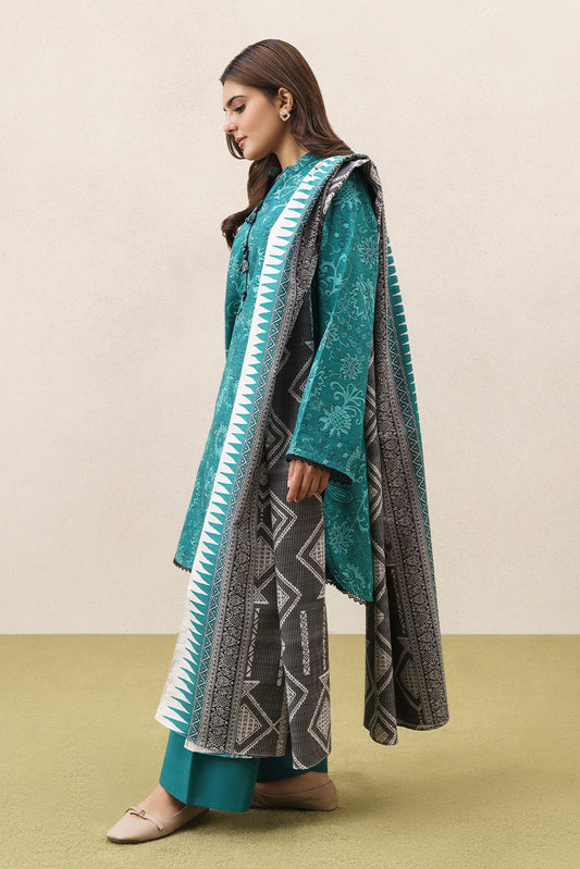 3 PIECE PRINTEDED SLUB KHADDAR SUIT-CELESTIAL TEAL (UNSTITCHED)