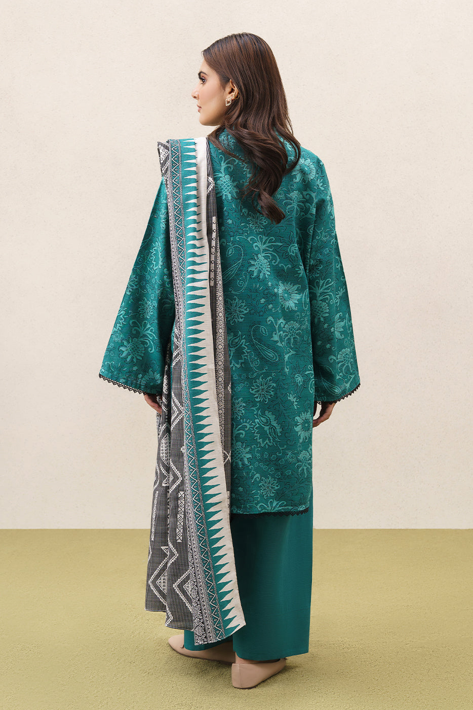 3 PIECE PRINTEDED SLUB KHADDAR SUIT-CELESTIAL TEAL (UNSTITCHED)