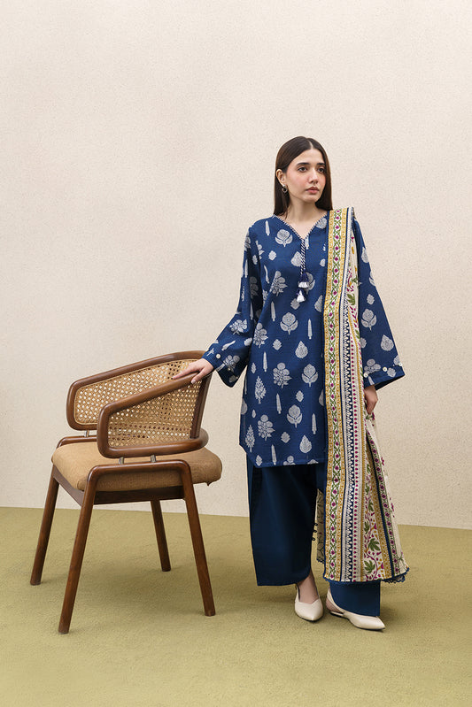 3 PIECE PRINTED KHADDAR SUIT-ROYAL AMBER (UNSTITCHED)