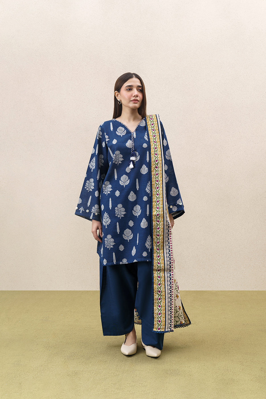 3 PIECE PRINTED KHADDAR SUIT-ROYAL AMBER (UNSTITCHED)