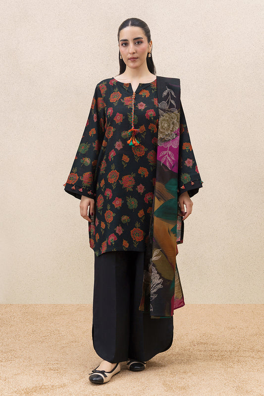 3 PIECE PRINTED SLUB KHADDAR SUIT-BLACK GARDEN ( UNSTITCHED )