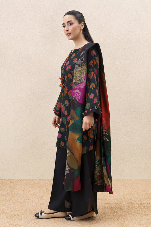 3 PIECE PRINTED SLUB KHADDAR SUIT-BLACK GARDEN ( UNSTITCHED )
