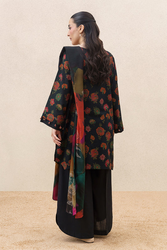 3 PIECE PRINTED SLUB KHADDAR SUIT-BLACK GARDEN ( UNSTITCHED )