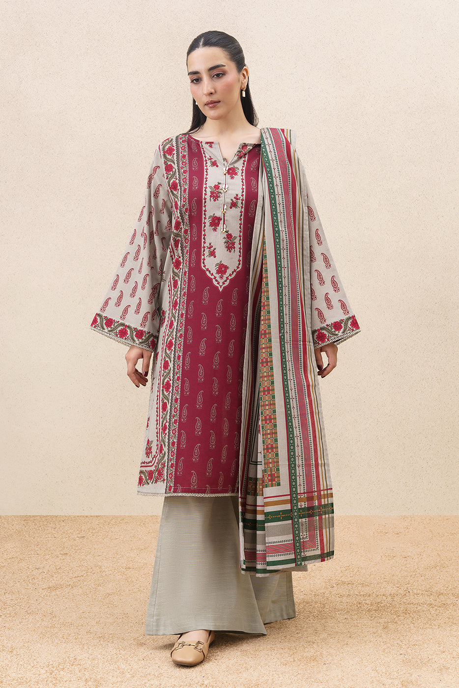 3 PIECE PRINTED SLUB KHADDAR SUIT-CHERRY BLOOM ( UNSTITCHED )