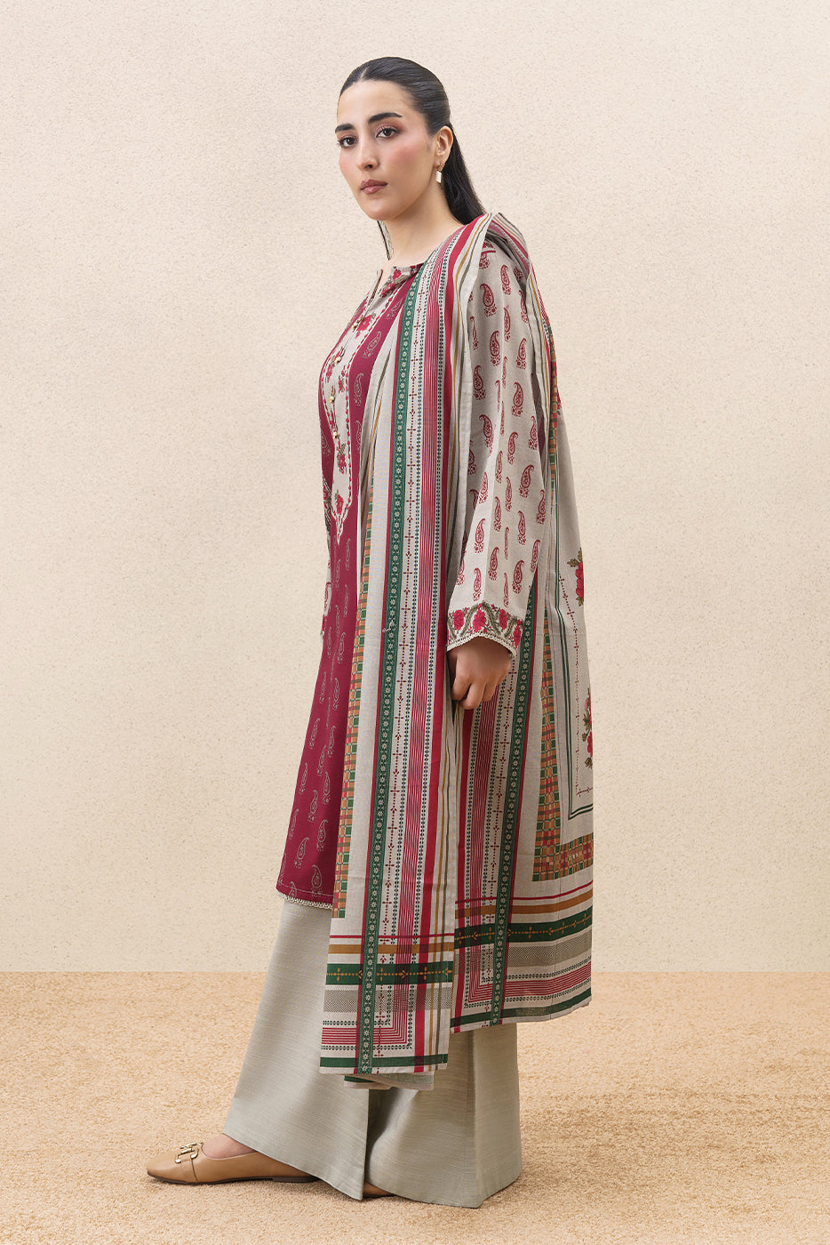 3 PIECE PRINTED SLUB KHADDAR SUIT-CHERRY BLOOM ( UNSTITCHED )