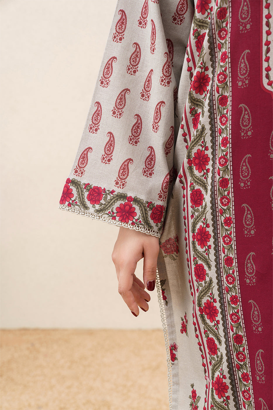 3 PIECE PRINTED SLUB KHADDAR SUIT-CHERRY BLOOM ( UNSTITCHED )