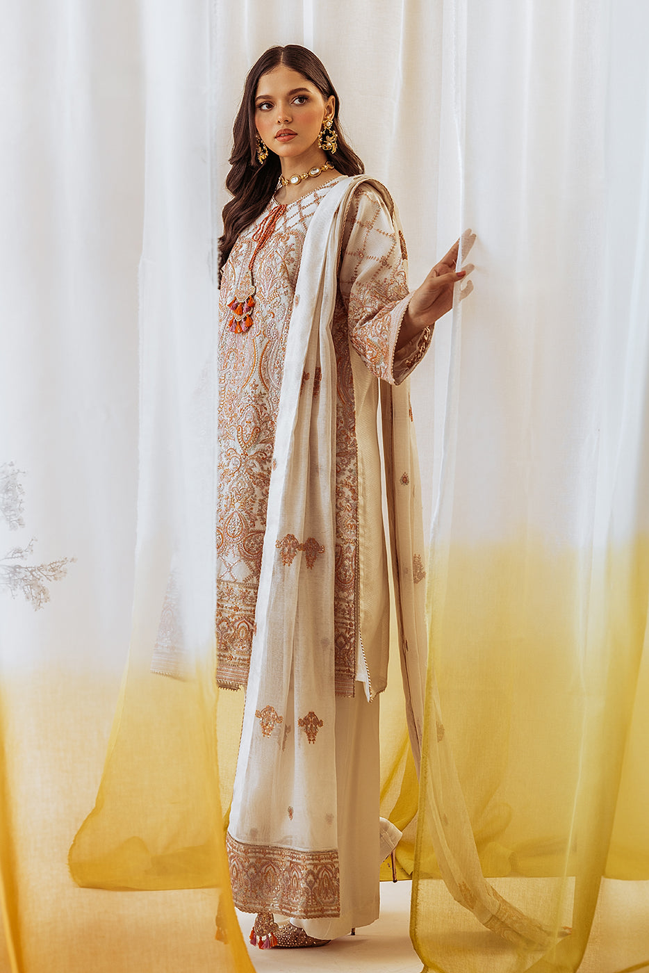 4 PIECE EMBROIDERED COTTON NET SUIT-OYSTER BLOOM (UNSTITCHED)