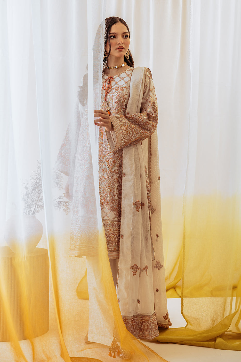 4 PIECE EMBROIDERED COTTON NET SUIT-OYSTER BLOOM (UNSTITCHED)