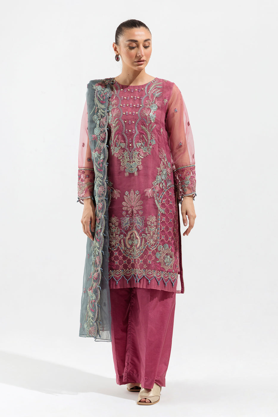 4 PIECE - EMBROIDERED ORGANZA SUIT - ROUGE GRACE (UNSTITCHED)