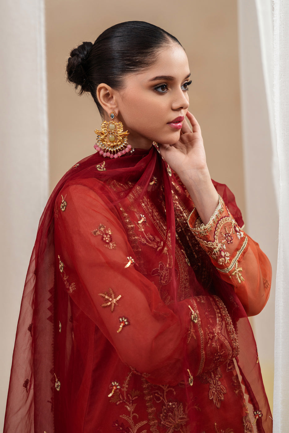 4 PIECE EMBROIDERED ORGANZA SUIT-TANGERINE ROUGE (UNSTITCHED) - BEECHTREE