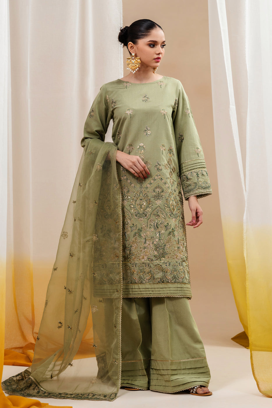 3 PIECE EMBROIDERED TWO TONE SUIT-ARTIC SAGE (UNSTITCHED)