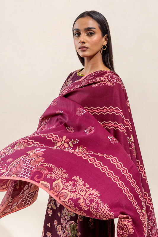 3 PIECE - EMBROIDERED KHADDAR SUIT WITH SHAWL - MULBERRY BLOOM (UNSTITCHED)