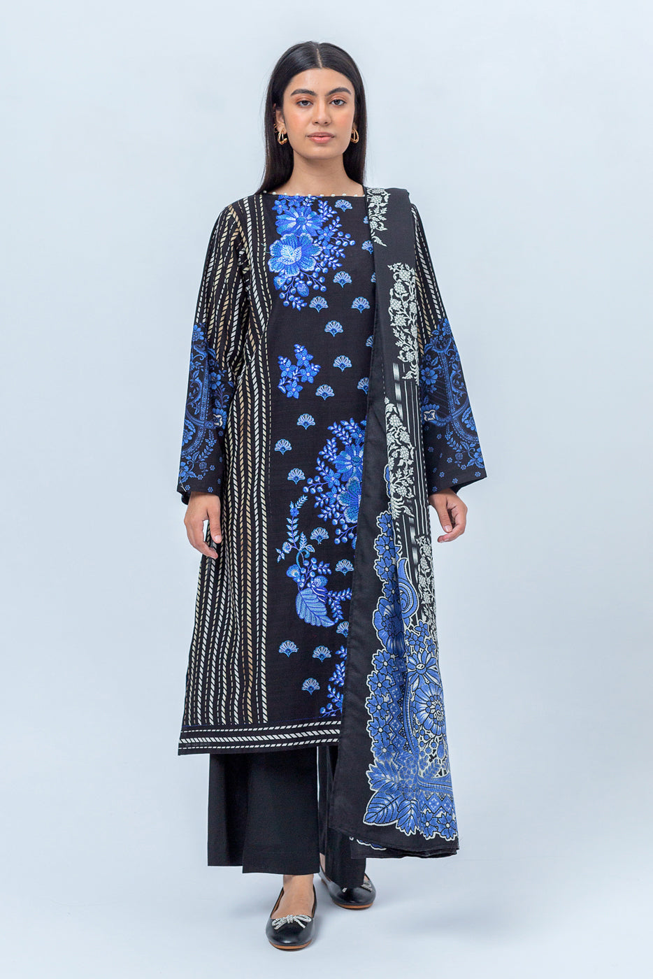 3 PIECE - EMBROIDERED KHADDAR SUIT WITH PRINTED SHAWL - WONDROUS BLACK (UNSTITCHED) - BEECHTREE