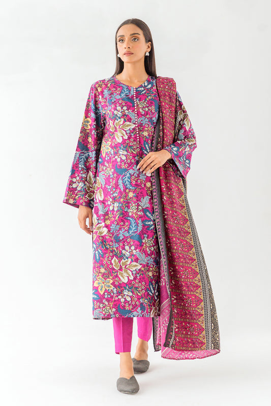 3 PIECE - PRINTED COTTON SATIN SUIT WITH PRINTED SHAWL - MAGENTA VEIL (UNSTITCHED)