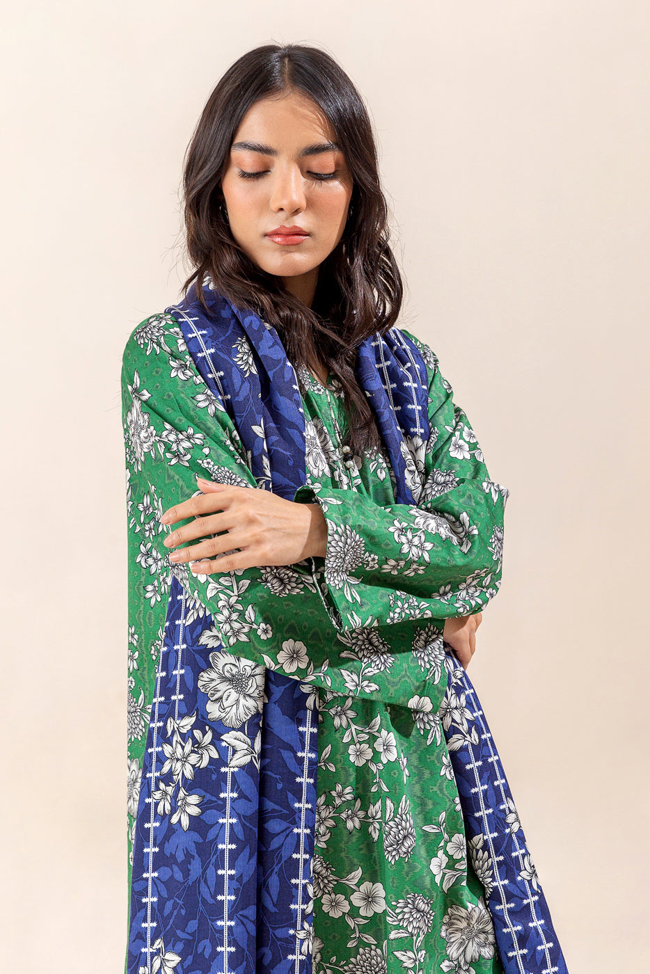 3 PIECE - PRINTED COTTON SATIN SUIT WITH PRINTED SHAWL - MEADOW GREEN (UNSTITCHED)