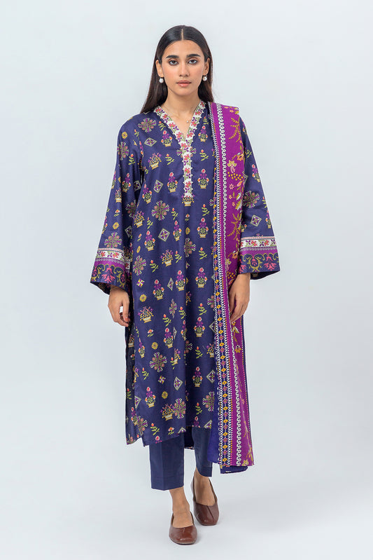 3 PIECE - PRINTED COTTON SATIN SUIT WITH PRINTED SHAWL - PURPLE PROFUSE (UNSTITCHED)