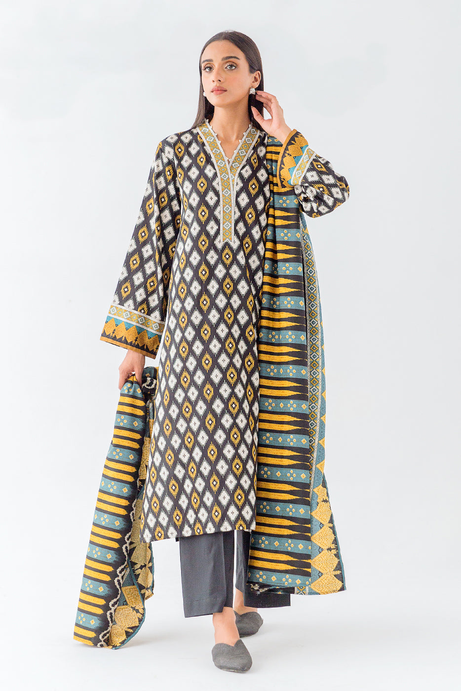 3 PIECE - PRINTED COTTON SATIN SUIT WITH PRINTED SHAWL - EXUBERANT IKAT (UNSTITCHED) - BEECHTREE
