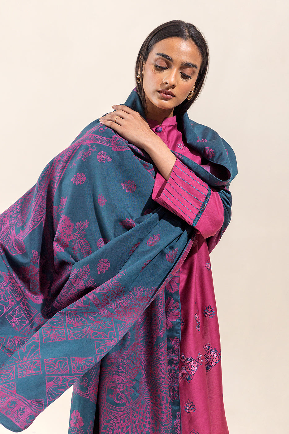 Mystic Rouge Embroidered Cotton Satin Suit - 2-Piece Ensemble with Woven Shawl"