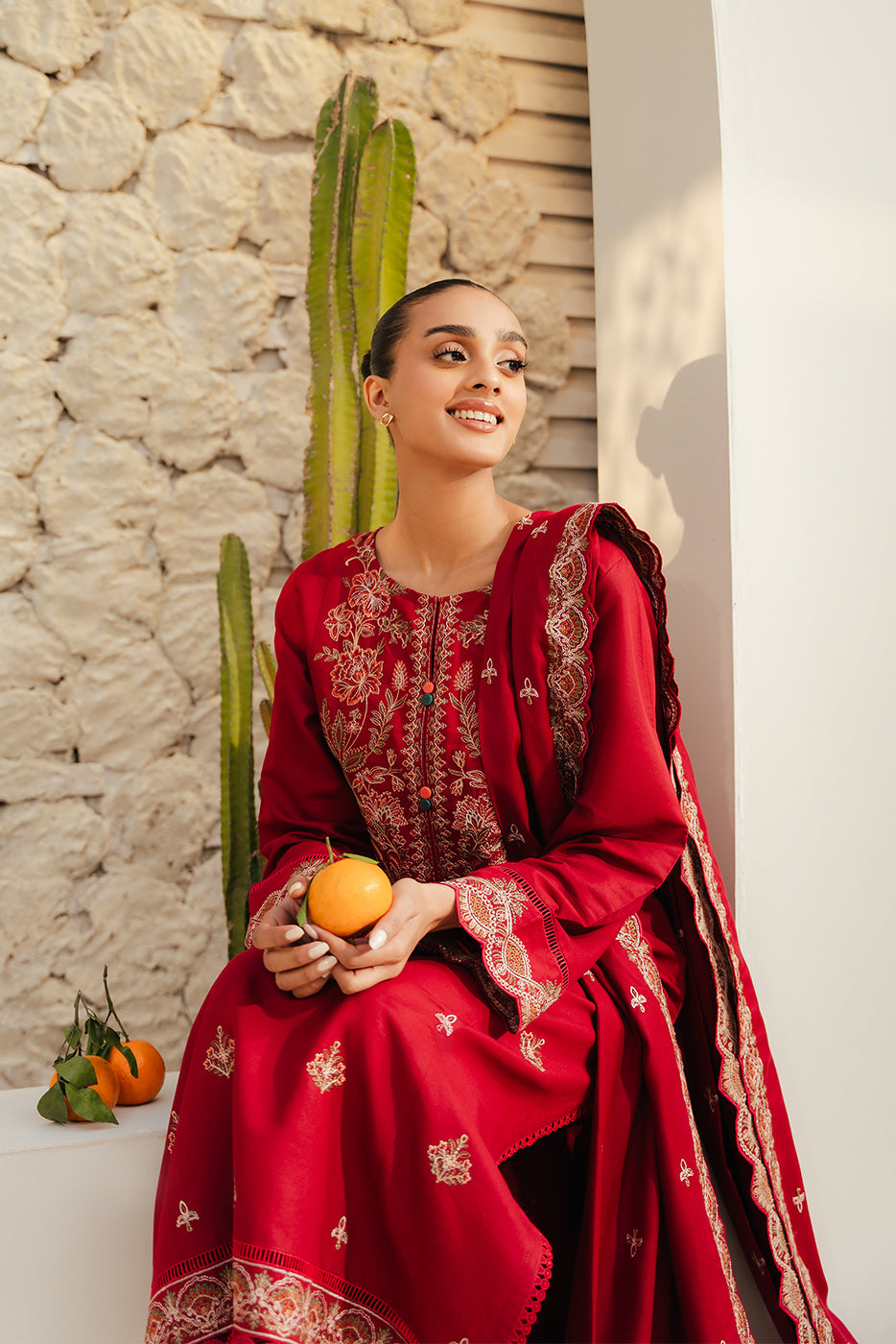 3 PIECE - EMBROIDERED  COTTON SATIN SUIT - SCARLET GRACE (UNSTITCHED)