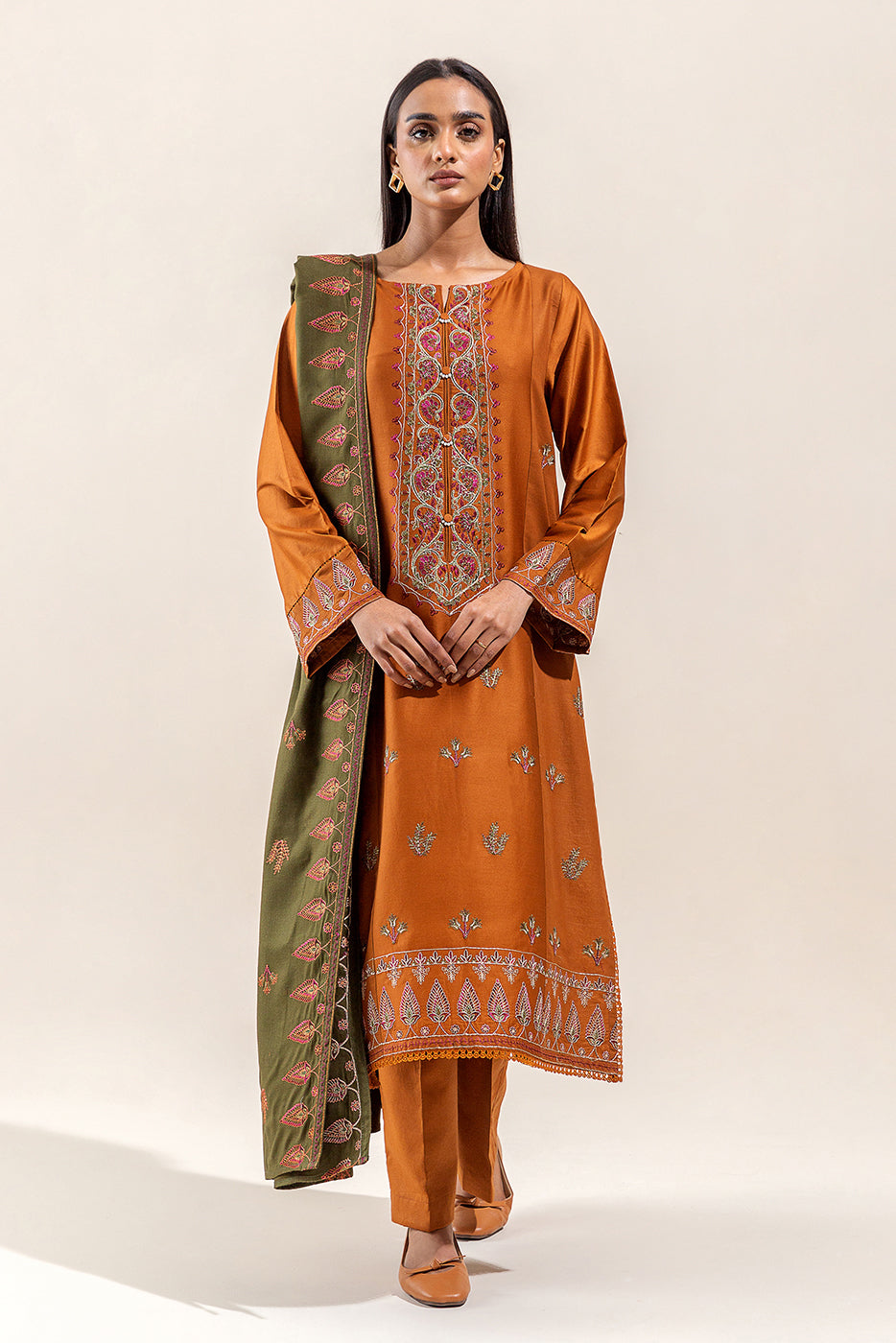 3 PIECE - EMBROIDERED COTTON SATIN SUIT WITH EMBROIDERED SHAWL - BASIL DUST (UNSTITCHED)