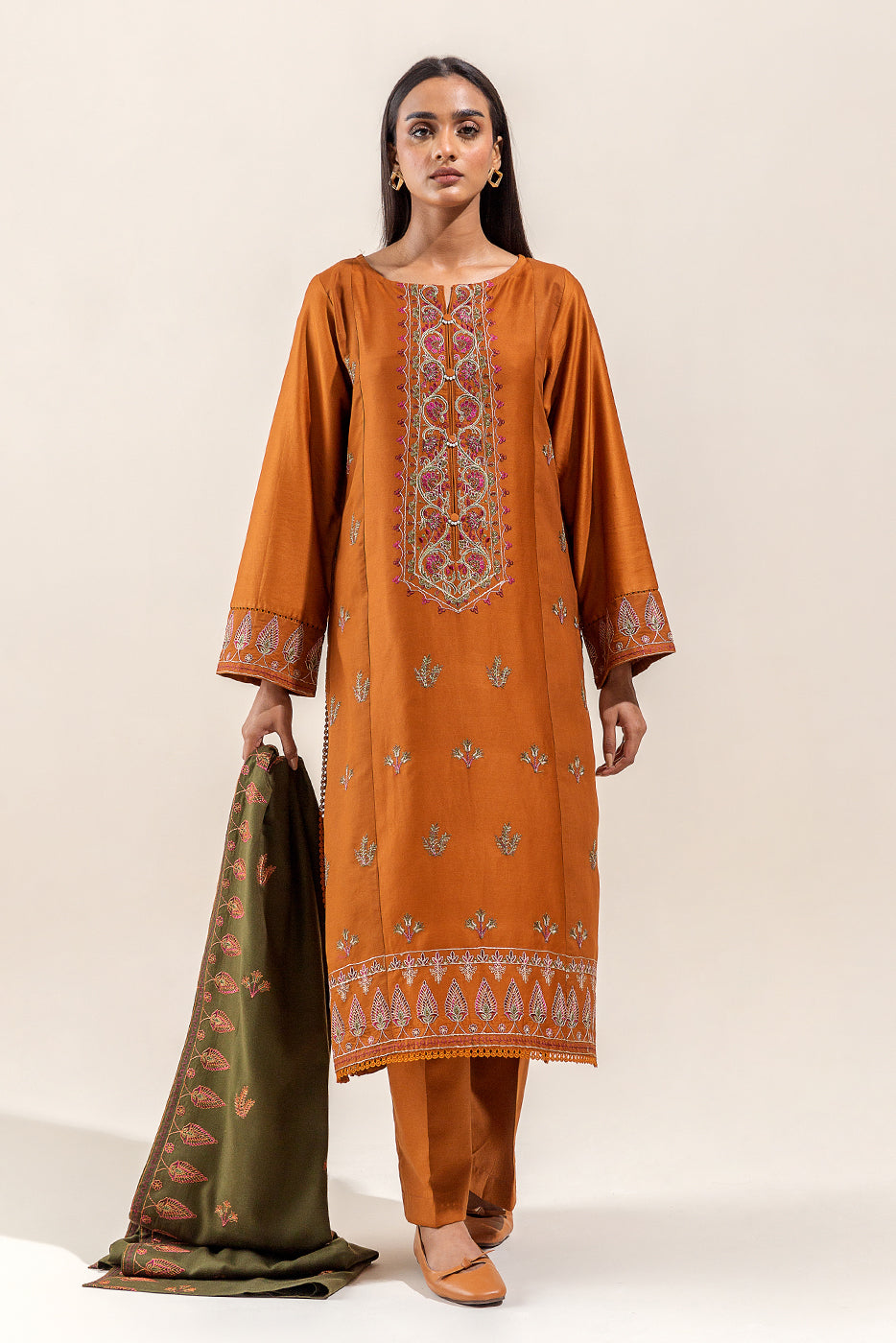 3 PIECE - EMBROIDERED COTTON SATIN SUIT WITH EMBROIDERED SHAWL - BASIL DUST (UNSTITCHED)