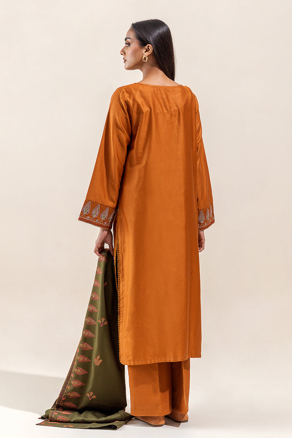 3 PIECE - EMBROIDERED COTTON SATIN SUIT WITH EMBROIDERED SHAWL - BASIL DUST (UNSTITCHED)