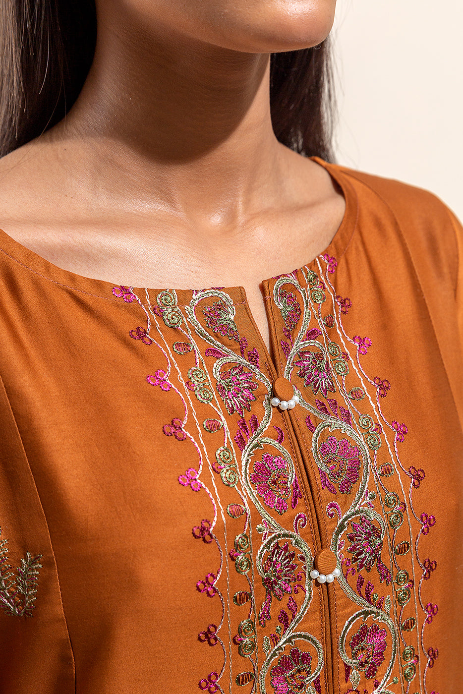 3 PIECE - EMBROIDERED COTTON SATIN SUIT WITH EMBROIDERED SHAWL - BASIL DUST (UNSTITCHED)