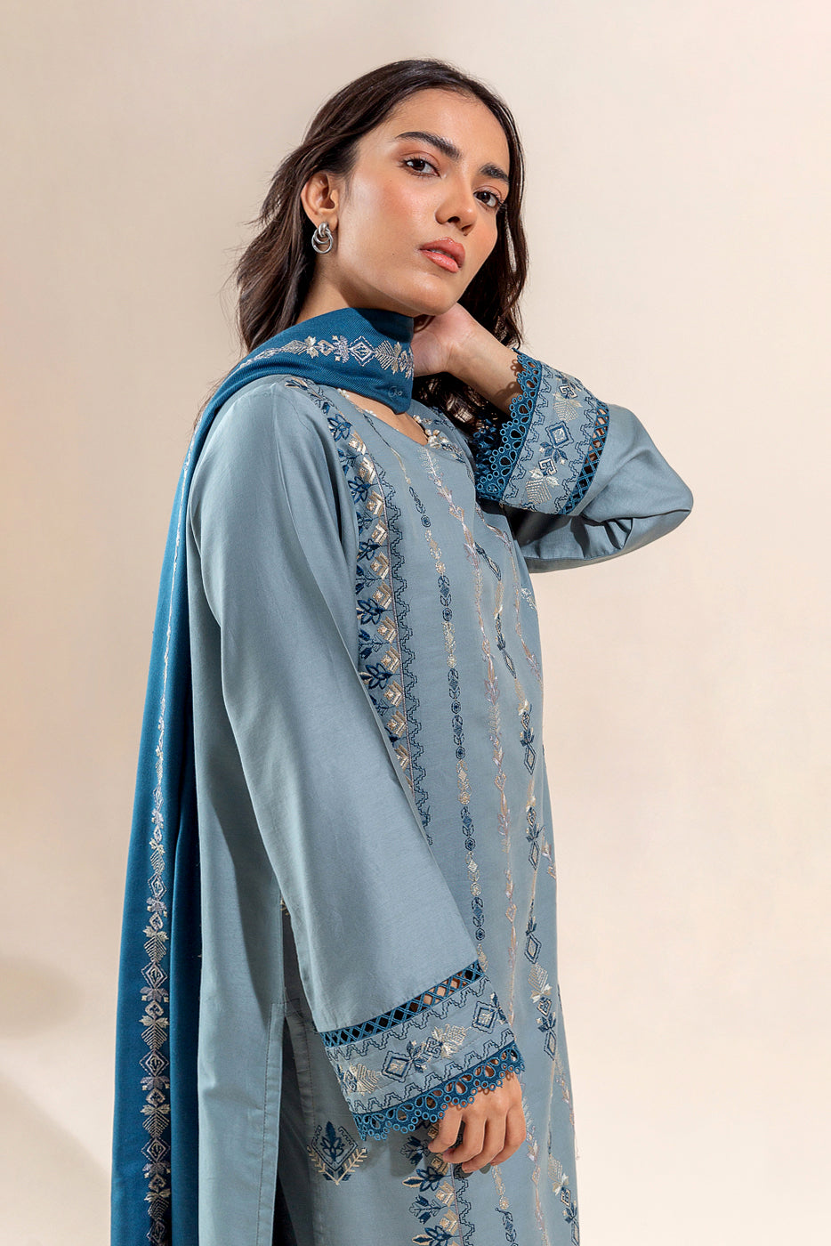 3 PIECE - EMBROIDERED  COTTON SATIN SUIT - DUSTY SKY (UNSTITCHED)