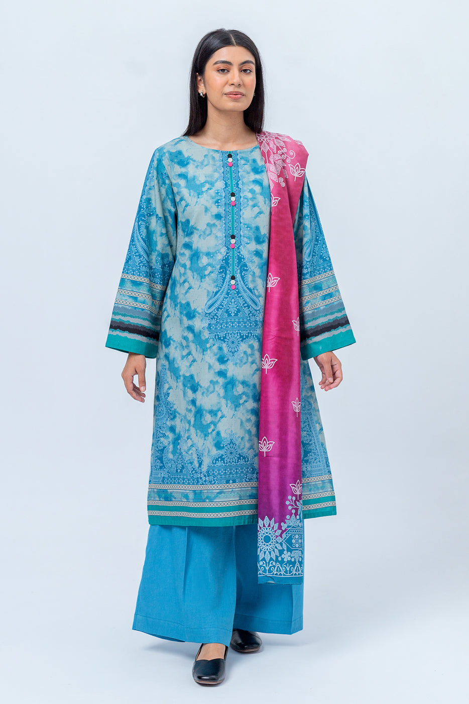 3 PIECE - PRINTED KHADDAR SUIT - MISTY BLUE (UNSTITCHED) - BEECHTREE
