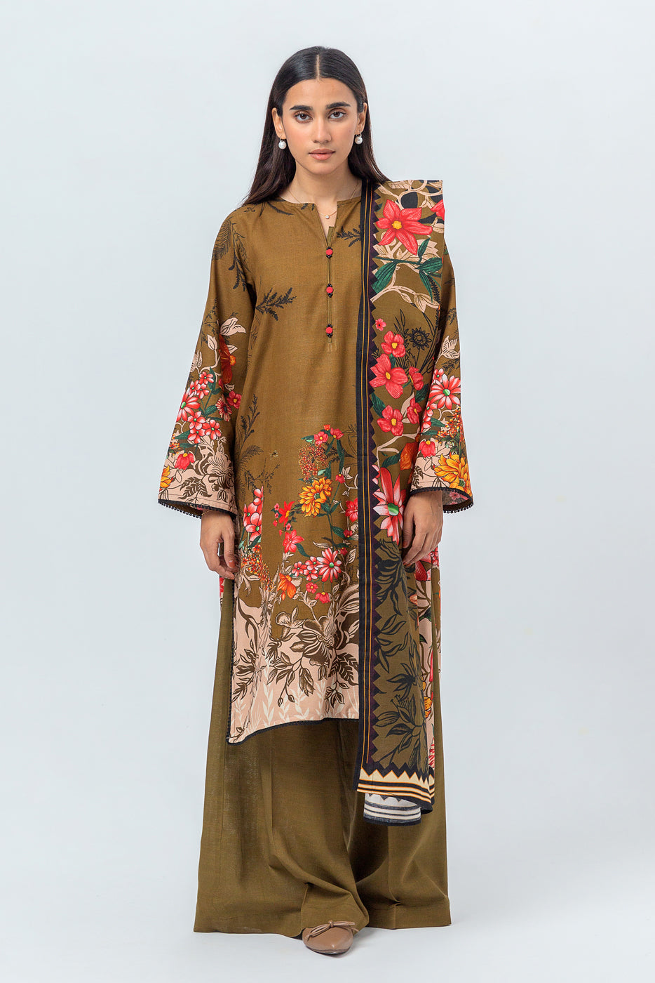 3 PIECE - PRINTED KHADDAR SUIT - DARK CITRON (UNSTITCHED)