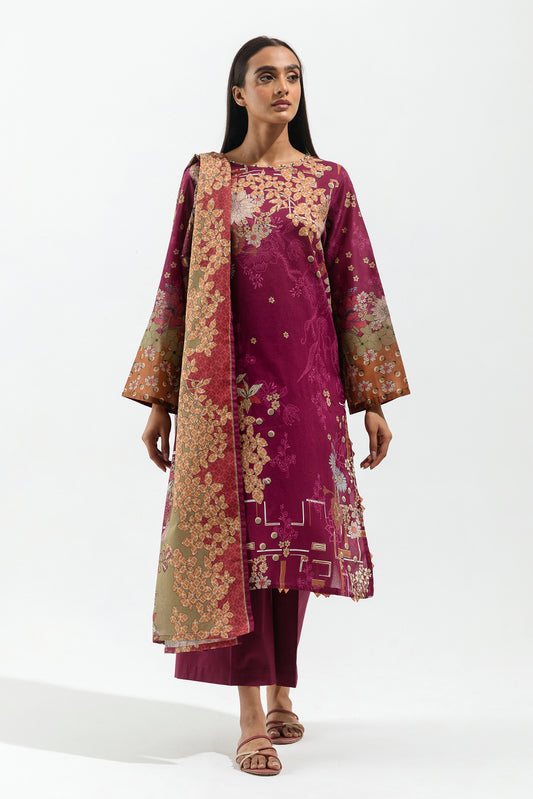 3 PIECE - PRINTED LAWN SUIT - PLUM GARLAND