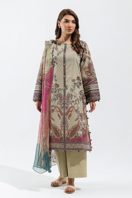 3 PIECE - PRINTED  LAWN SUIT - PAISLEY TAN (UNSTITCHED)