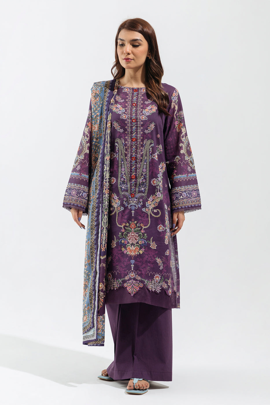 3 PIECE - PRINTED  LAWN SUIT - MAUVE ADORN